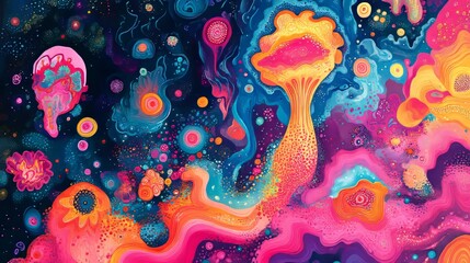 Abstract psychedelic background with vibrant fractals and swirling patterns in neon pink and blue 