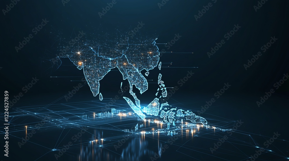 Poster digital map of asia glowing in the dark with connecting lines, representing global technology and co