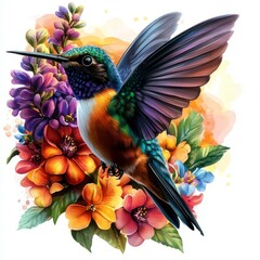Colorful hummingbird perched on vibrant flowers surrounded by lush green leaves