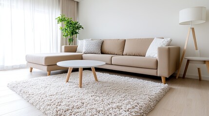 Modern beige sectional sofa in bright living room.  Ideal for interior design websites