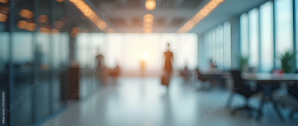 Poster blurred empty open space office. abstract light bokeh at office interior background for design