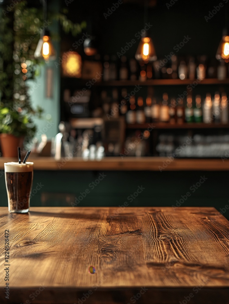 Aufkleber empty wooden table in a bar with a drink and blurred background lights creating a warm mood