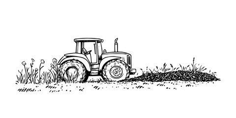 tractor plowing field in rural landscape hand drawing ink doodle sketch with hatching and cross-hathing © Kaz