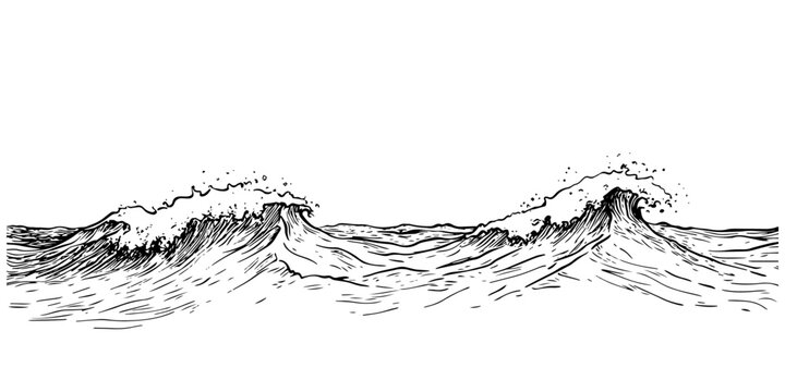 ocean waves with splashing water in hand-drawn doodle sketch style