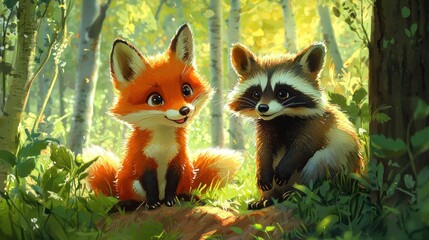 Obraz premium Adorable Fox and Raccoon Friends in a Sunlit Forest