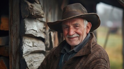 Smiling Elderly Man in Rustic Setting with Hat and Warm Smile
