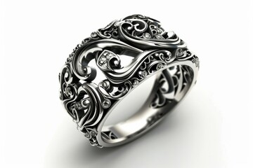 Fototapeta premium Intricate silver ring adorned with delicate swirling patterns and sparkling gemstones capturing elegance and artistry crafted for special occasions isolated on transparent background