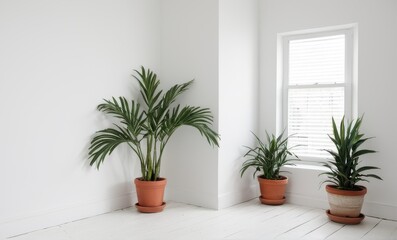 Fototapeta premium Three potted plants, two on the corners, in a bright white minimalist room...Concept: Interior plants, minimalist style.