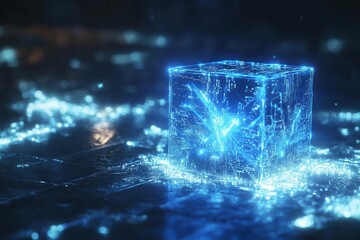 futuristic blockchain visualization with glowing blue cubic structures, converging circuit patterns, and dynamic 3d technological elements in abstract space
