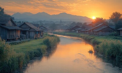 Obraz premium Sunrise village, river, mountains, wooden houses.