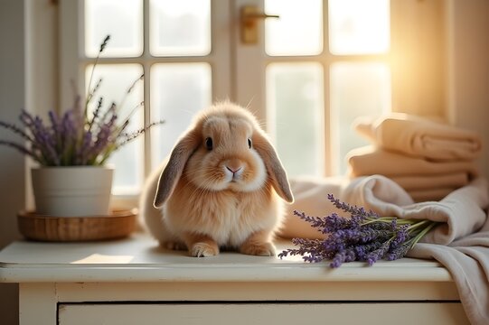Fluffy Lop-Eared Rabbit Resting Peacefully Near Lavender Bouquet - Powered by Adobe