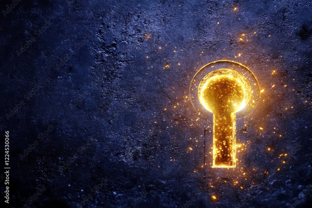 Poster gleaming keyhole set against a dark, textured background with sparkling light effects illustrating c