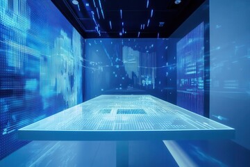 futuristic data visualization room with holographic displays, flowing data streams in neon blue, geometric patterns, clean minimal design with glass surfaces