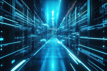 futuristic data center interior with glowing server racks, cool blue led lighting, and dynamic perspective showing endless rows of high-tech equipment