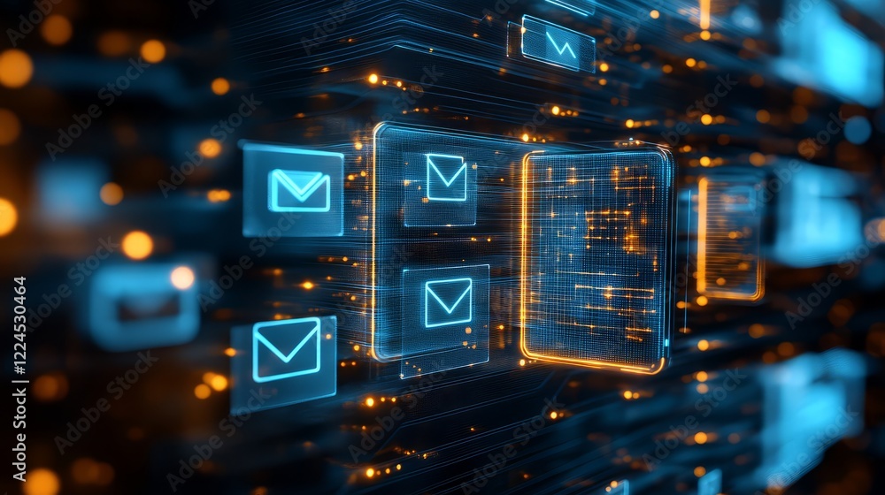 Aufkleber futuristic digital interface with glowing email icons and data flow. modern technology concept.