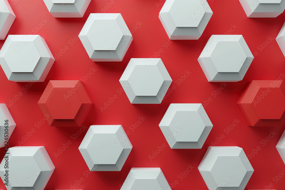 Poster geometric arrangement of white hexagons on a vibrant red background creates a captivating visual dis