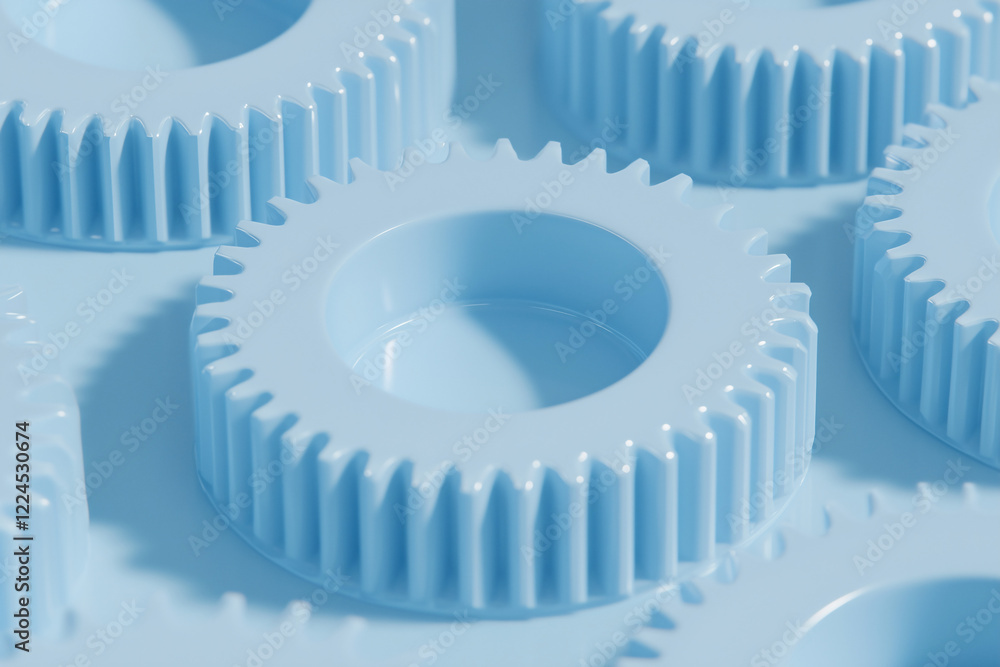Poster abstract blue gears: a mesmerizing pattern of light blue, metallic gears interlocks, creating a futu