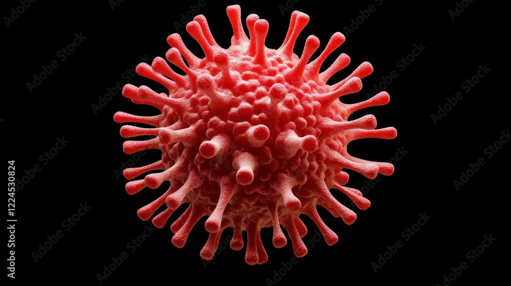 Poster intricate red virus structure with spiky projections on dark background