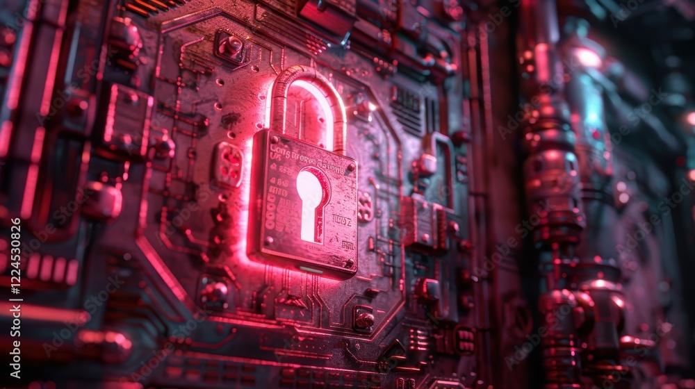 Poster data security event featuring a large padlock symbol in a futuristic cyber environment