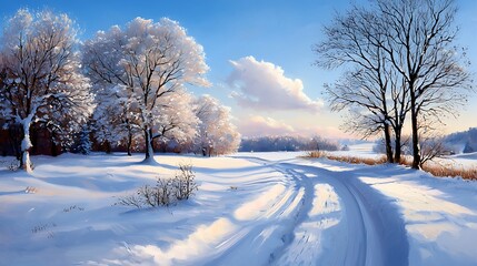 Serene Winter Landscape with Snow Covered Path and Frozen Trees