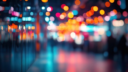 Night city bokeh, blurred pedestrians, vibrant lights, urban scene, website banner