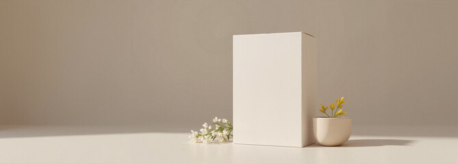 Rectangular box mockup with flowers on a neutral background