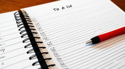 Blank To Do List in Spiral Notebook with Red Pen on Wooden Desk