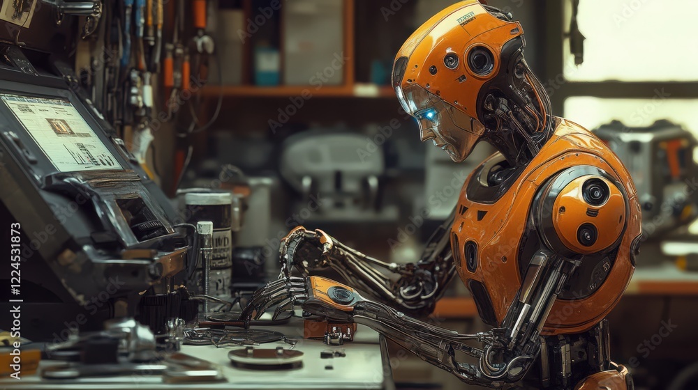 Poster orange robot with glowing blue eyes working on circuit board on a table in a workshop