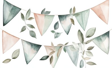 Watercolor bunting flags with leaves.