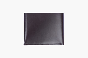 Genuine leather fashionable black wallet for men's isolated on a white background. A professional and stylish look. top view of black leather wallet. banknotes and put card inside the wallet