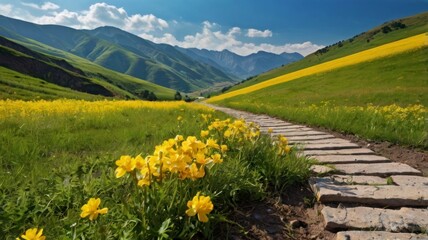 Green grass and flowers under blue sky, with mountains range in the background
