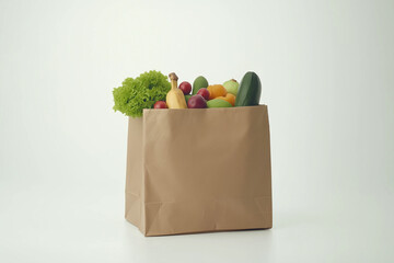 Paper Bag Overflowing with Fresh Fruits, Vegetables, and Nuts on White Background Perfectly Arranged for Shopping Advertising with Pomegranate, Avocado, Lemon, and More