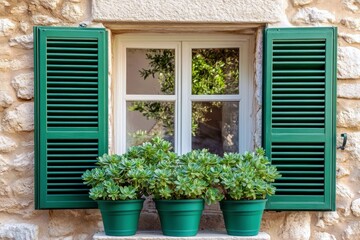 Charming Green Shutters Framing Sunny Window with Succulent Plants on Rustic Stone Wall in a Cozy Mediterranean Setting