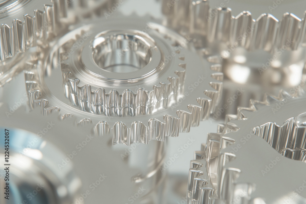 Poster gears of innovation: a mesmerizing close-up of interlocking gears, each cog precisely crafted, symbo