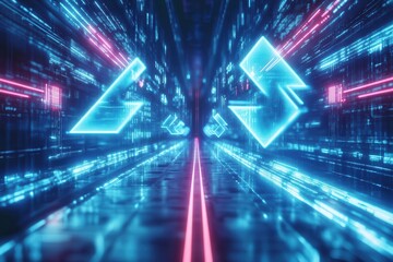 futuristic neon blue arrows interface element, dynamic motion blur effect, glowing digital matrix background
