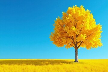 Solitary yellow tree with white trunks against blue sky, sky, trunk