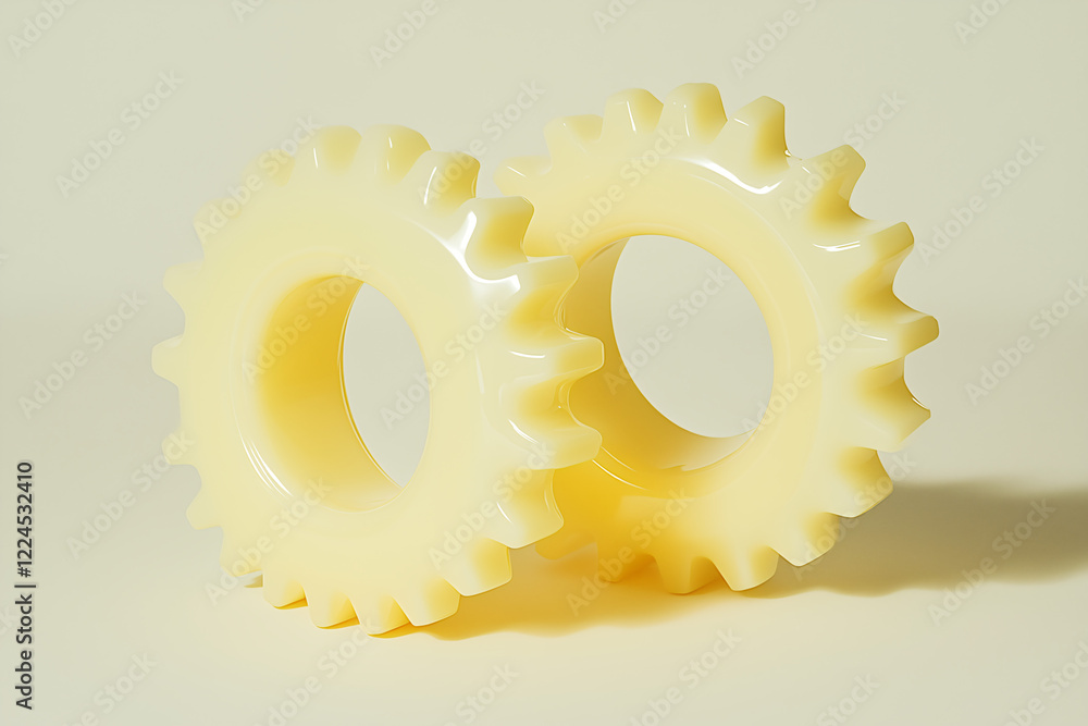 Poster interlocking gears: two pale yellow plastic gears interlock, creating a visually appealing image tha