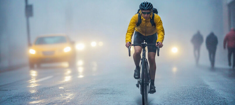 Cyclist riding bicycle on wet road in foggy city