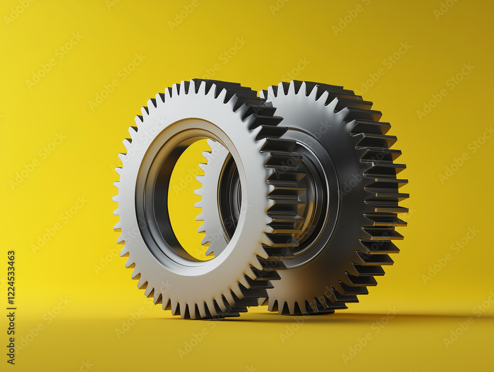 Poster interlocking gears on yellow: two metallic gears, intricately designed with sharp teeth, interlock p