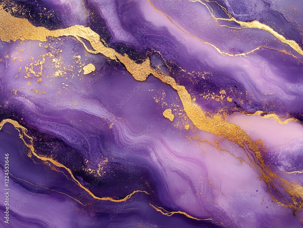 Poster purple and gold abstract fluid art with flowing lines and shimmering texture for backgrounds