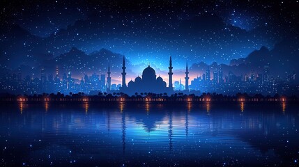 Serene Nightscape: City Skyline Reflected in Calm Water Under Starlit Sky