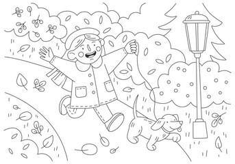 Cute coloring book illustration. Girl running with dog in the autumn park. Vector template for children hobby