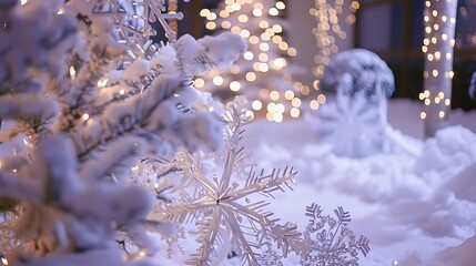 Naklejka premium A winter wonderland theme featuring snowflakes, twinkling lights, and white decor.