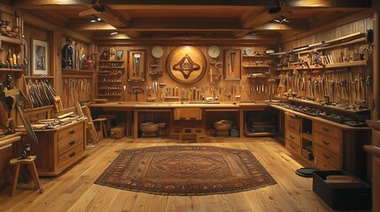 Obraz premium Craftsman's wood workshop, tools, benches, interior