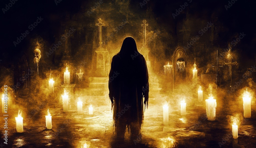 Poster mysterious dark figure surrounded by candles in an atmosphere of fog and shadows within a haunted gr