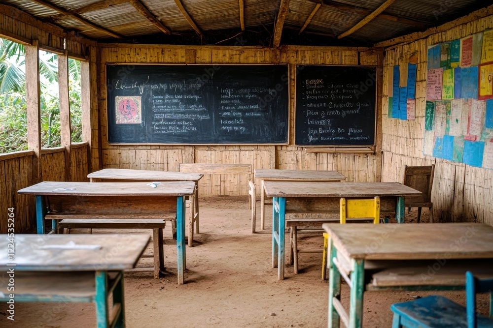 Poster empty classroom in a rustic school setting with wooden desks and chalkboard surrounded by nature in 
