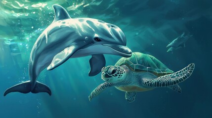 Fototapeta premium Underwater Friends: A Dolphin and Sea Turtle's Serene Encounter