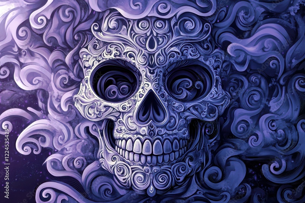 Poster ornate skull surrounded by mystical swirls and ethereal clouds in a dark purple and blue color palet