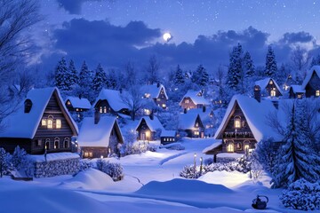 Naklejka premium Enchanting Winter Village Scene Under Starry Night Sky with Snow-Covered Houses and Warm Glowing Lights