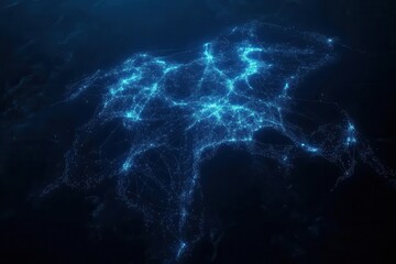 glowing digital network visualization spanning globe, interconnected nodes forming luminous web across continents in deep blue